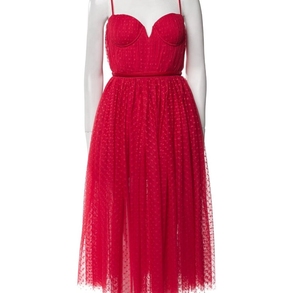 Sau Lee Selena Swiss Dot Tulle Bustier Midi Dress Red 4 / Small (S)